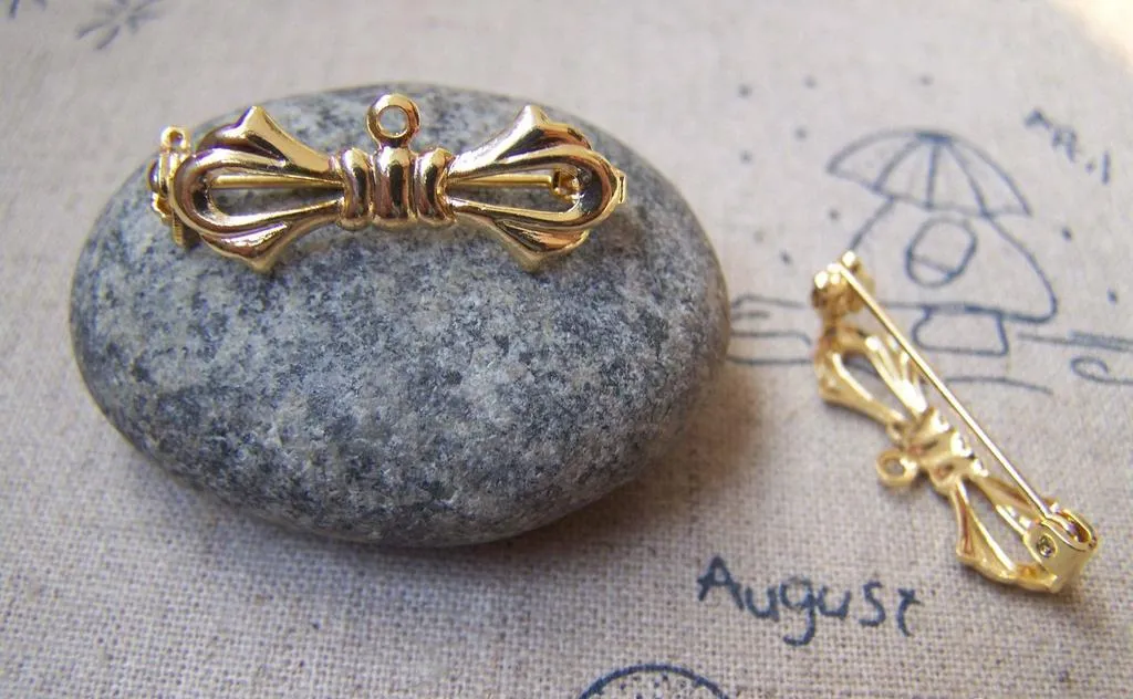 10 pcs Gold Bow Tie Safety Pin Brooch 10x27mm  A3063