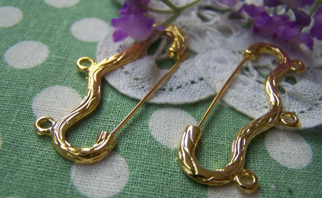 10 pcs Gold Plated Safety Pins Bow Broochs 18x46mm A3049