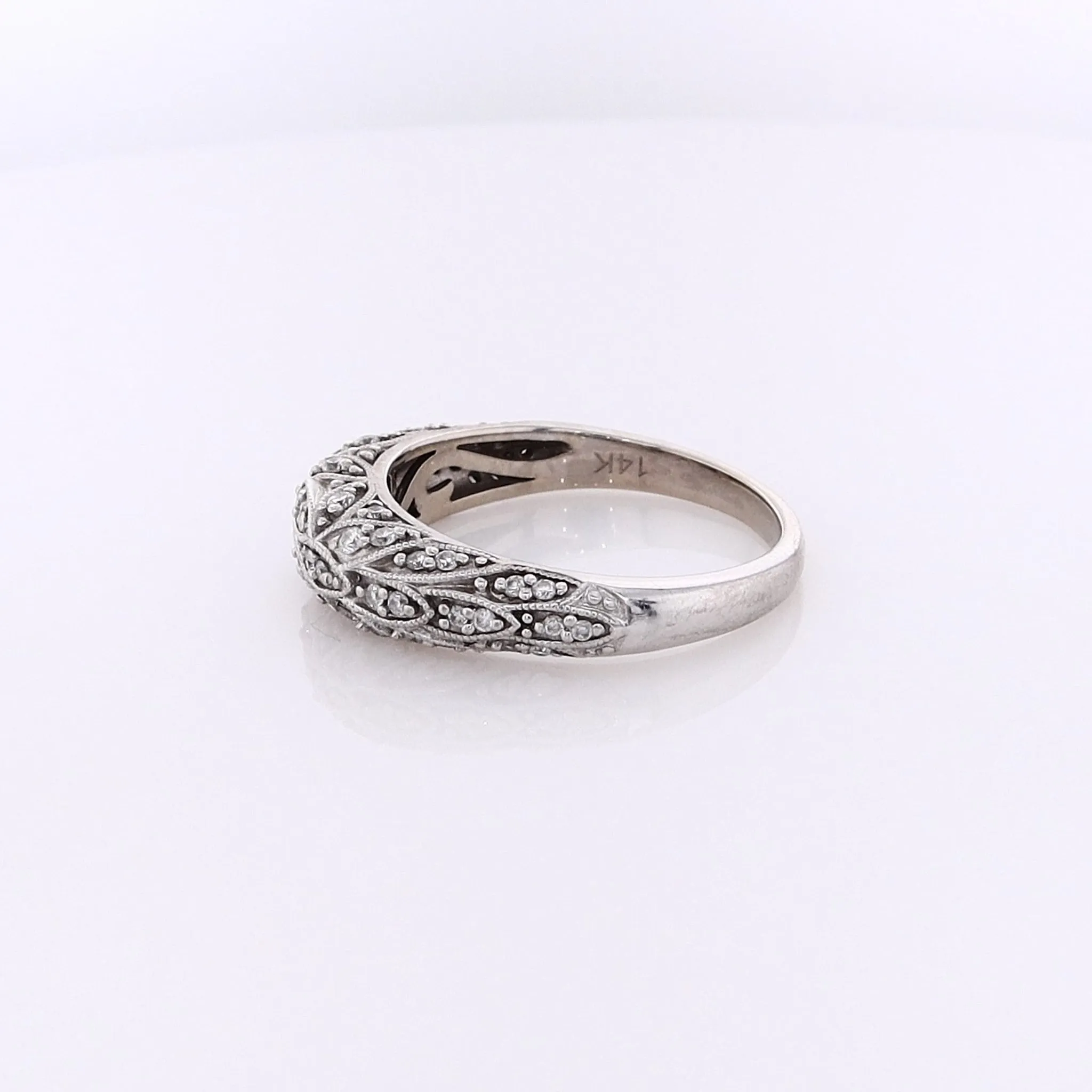 14 Karat White Gold Milgrain Accent Domed Pave Diamond Ring