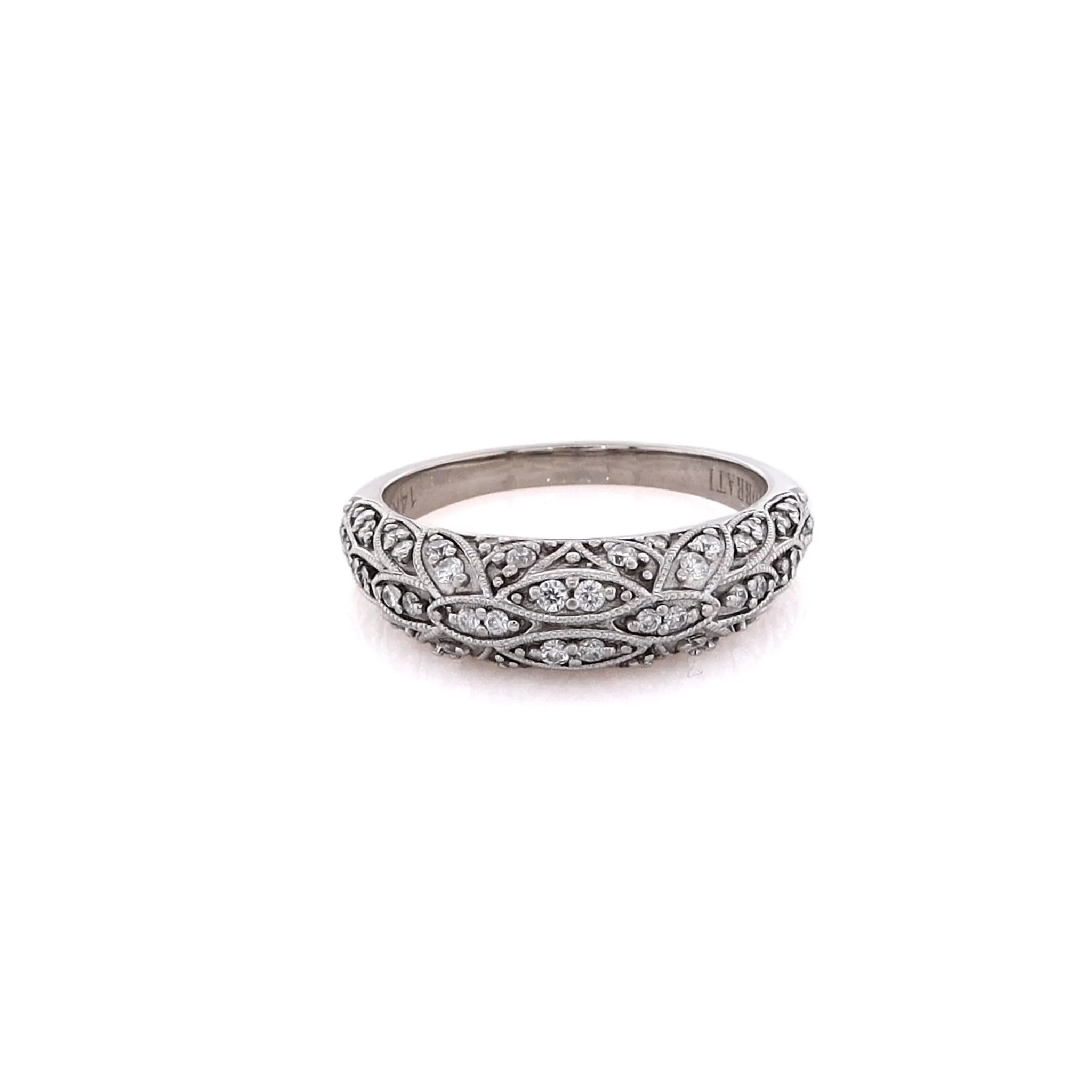 14 Karat White Gold Milgrain Accent Domed Pave Diamond Ring