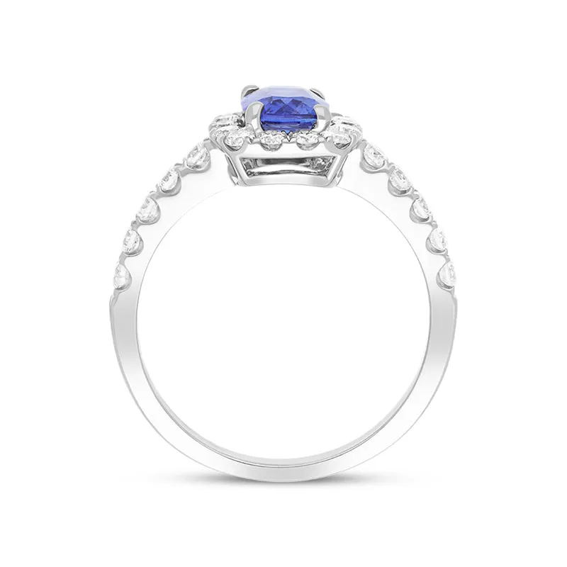 18ct White Gold 0.65ct Sapphire Diamond Halo Shoulder Set Ring