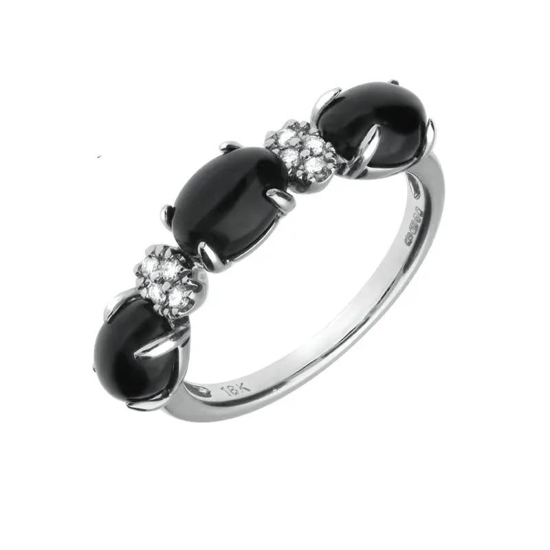 18ct White Gold Whitby Jet 0.08ct Diamond 3 Stone Oval Ring D