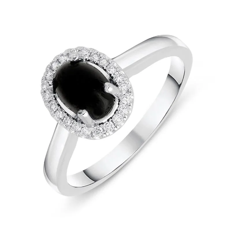 18ct White Gold Whitby Jet 0.12ct Diamond Oval Cluster Ring