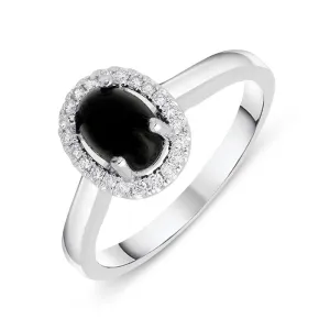 18ct White Gold Whitby Jet 0.12ct Diamond Oval Cluster Ring
