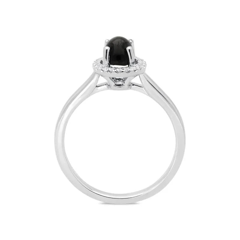 18ct White Gold Whitby Jet 0.12ct Diamond Oval Cluster Ring