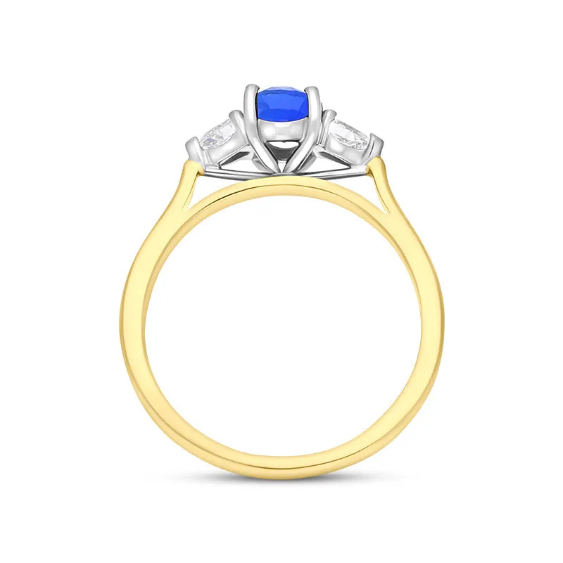 18ct Yellow Gold Sapphire Diamond Three Stone Oval and Pear Cut Ring D