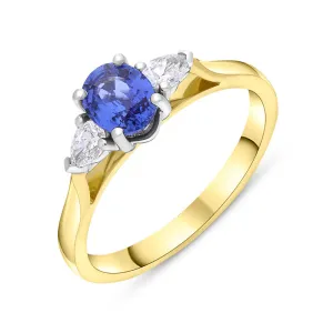 18ct Yellow Gold Sapphire Diamond Three Stone Oval and Pear Cut Ring D