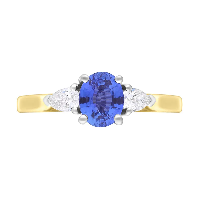 18ct Yellow Gold Sapphire Diamond Three Stone Oval and Pear Cut Ring D