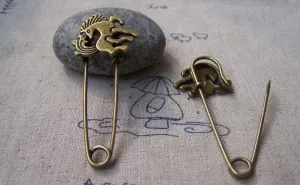 6 pcs Antique Bronze Horse Pony Safety Pins Broochs A2963