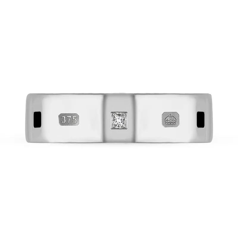 9ct White Gold 0.18ct Diamond Whitby Jet King's Coronation Hallmark Princess Cut 6mm Ring D