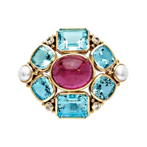 Brooch - Aquamarine, Rubellite, Pearl and Diamond