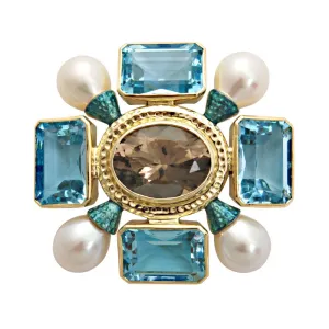 Brooch - Smokey Quartz, Blue Topaz and Pearl (Enamel)
