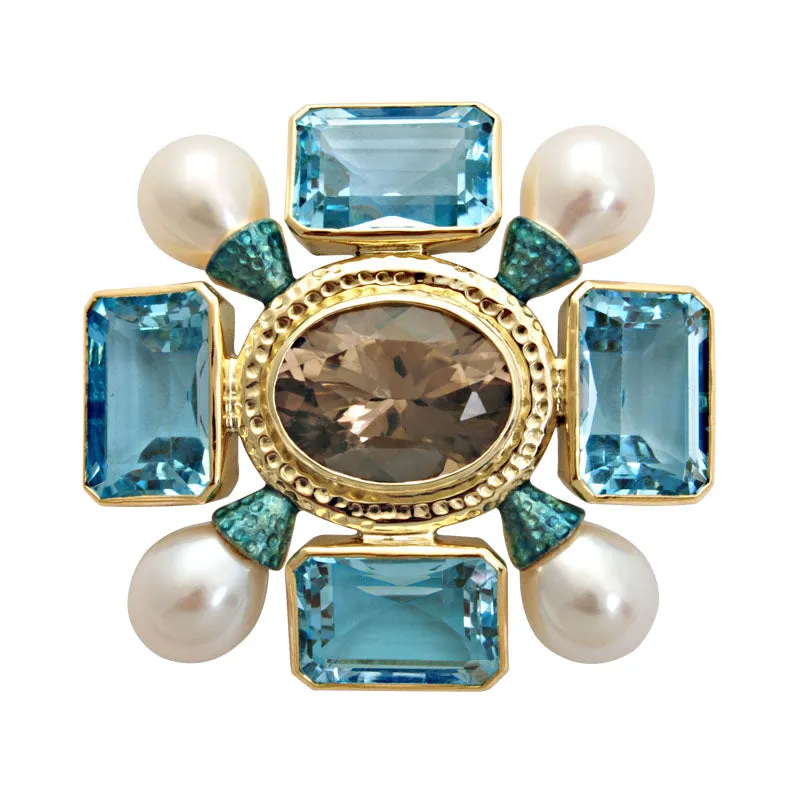 Brooch - Smokey Quartz, Blue Topaz and Pearl (Enamel)