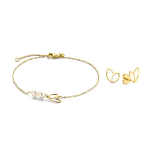 Cadeau d'Isabel 14 karat gold bracelet and ear studs set with pearls