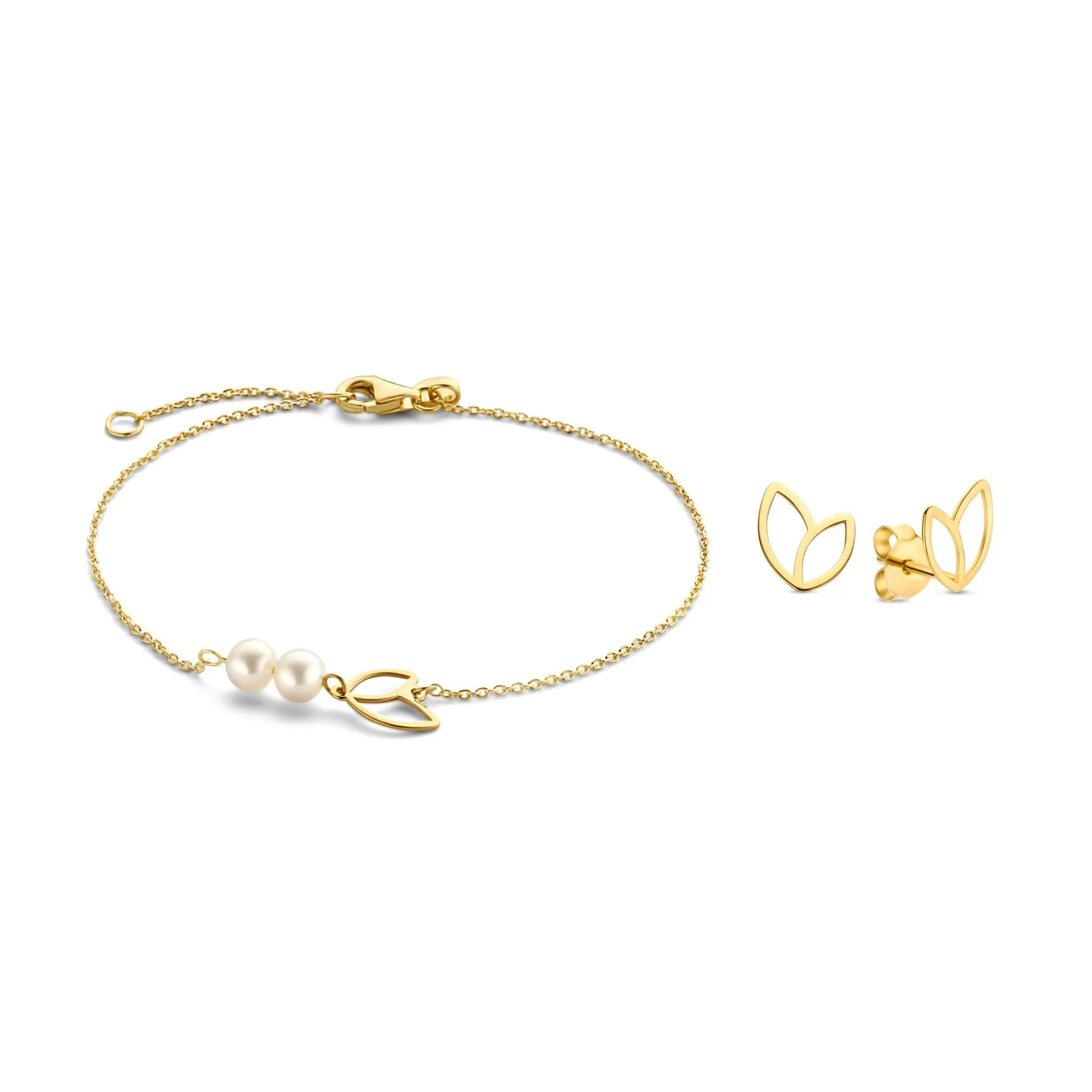 Cadeau d'Isabel 14 karat gold bracelet and ear studs set with pearls