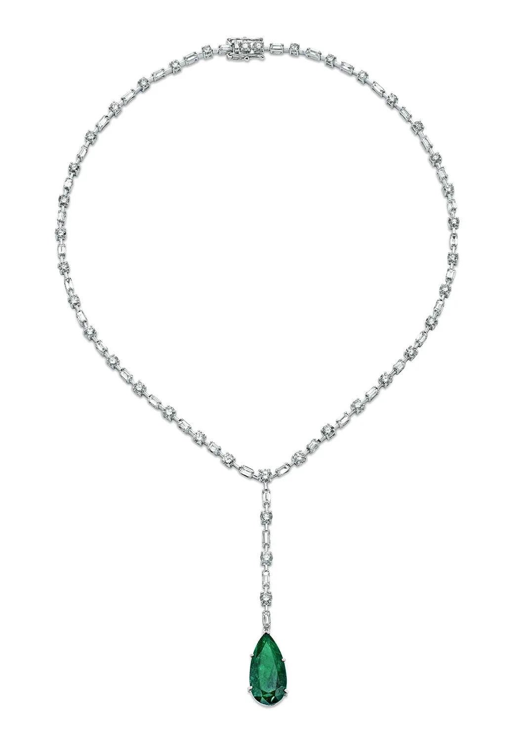DIAMOND LINE AND EMERALD LARIAT NECKLACE