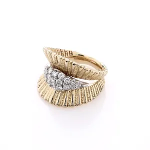 Estate Carou 14k Two Tone Ring Pave Center With Ribbed Concave Design Diamond Ring