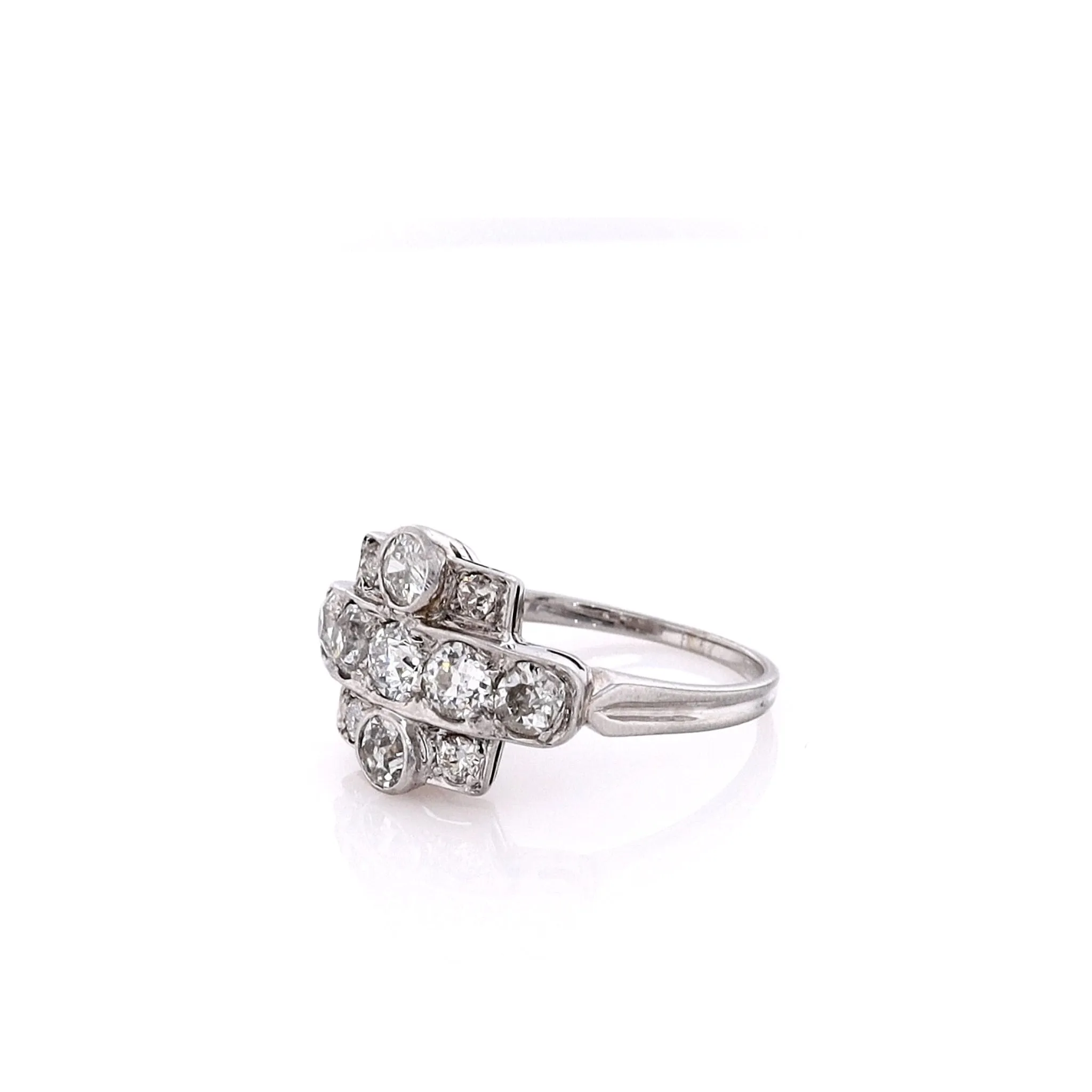 Estate Platinum and Old European Cut Diamonds 2 Bezel 7 Prong Set Ring