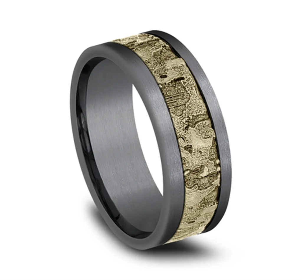 Grey Tantalum And 14K Yellow Gold 8Mm Wall Fracture Center And Grey Satin Edges Wedding Band