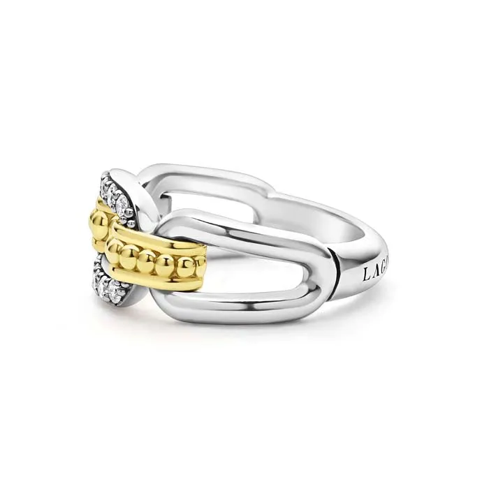 LAGOS Signature Caviar Diamond Pav Oval Link Ring in Sterling Silver and 18K Yellow Gold
