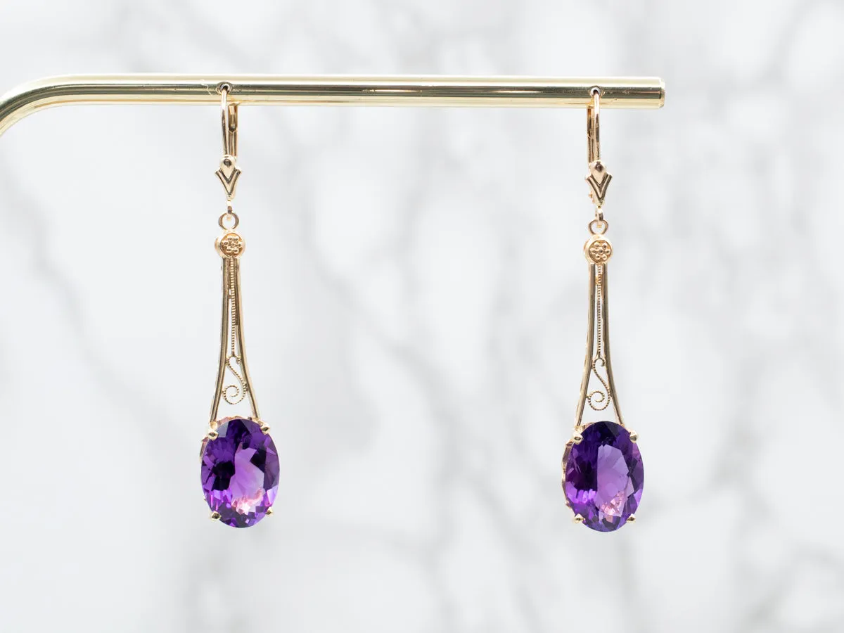 Long Scrolling Gold Amethyst Drop Earrings