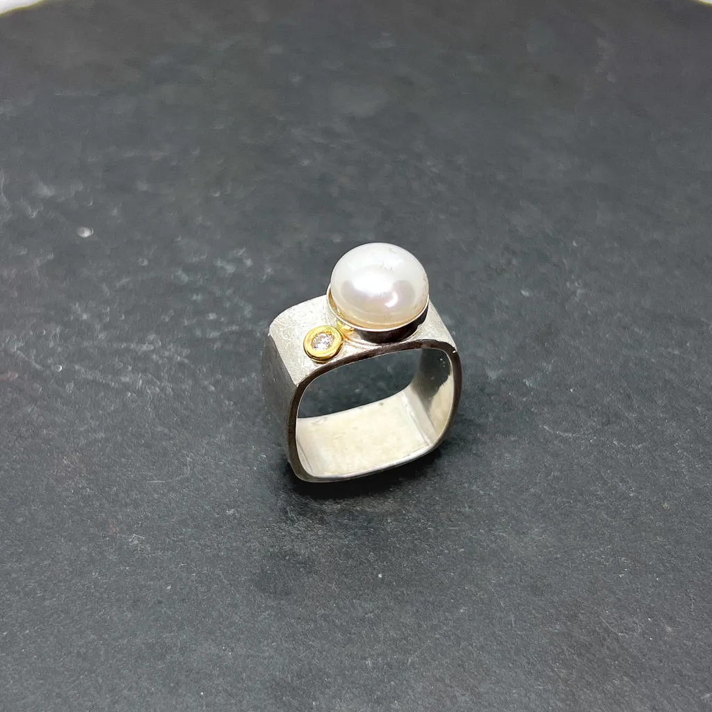 Mab Pearl & CZ Diamond Ring Wide Square Stacking Ring