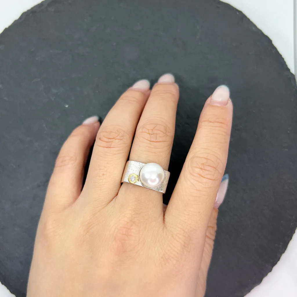 Mab Pearl & CZ Diamond Ring Wide Square Stacking Ring