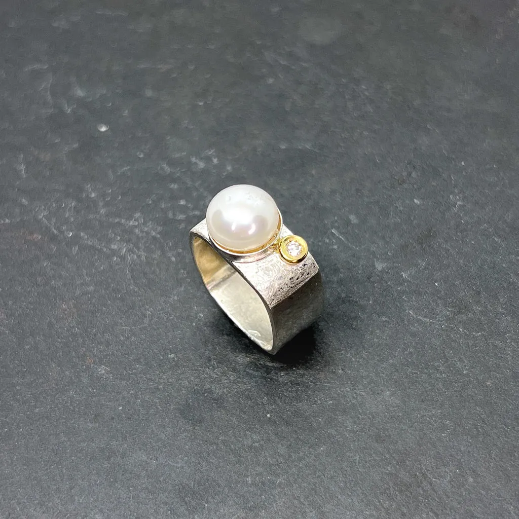 Mab Pearl & CZ Diamond Ring Wide Square Stacking Ring