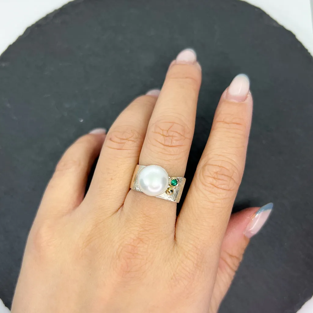 Mab Pearl & Emerald Ring Wide Square Stacking Ring