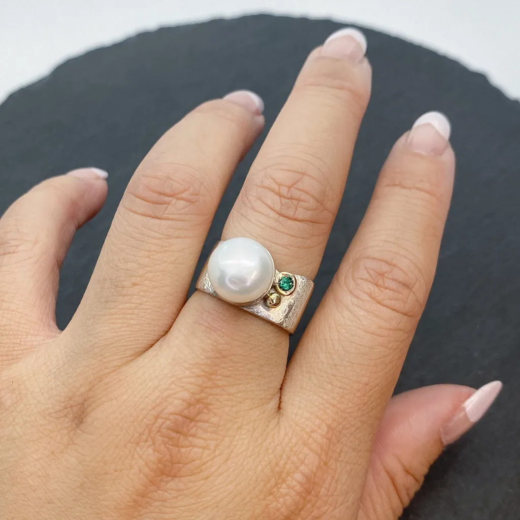 Mab Pearl & Emerald Ring Wide Square Stacking Ring