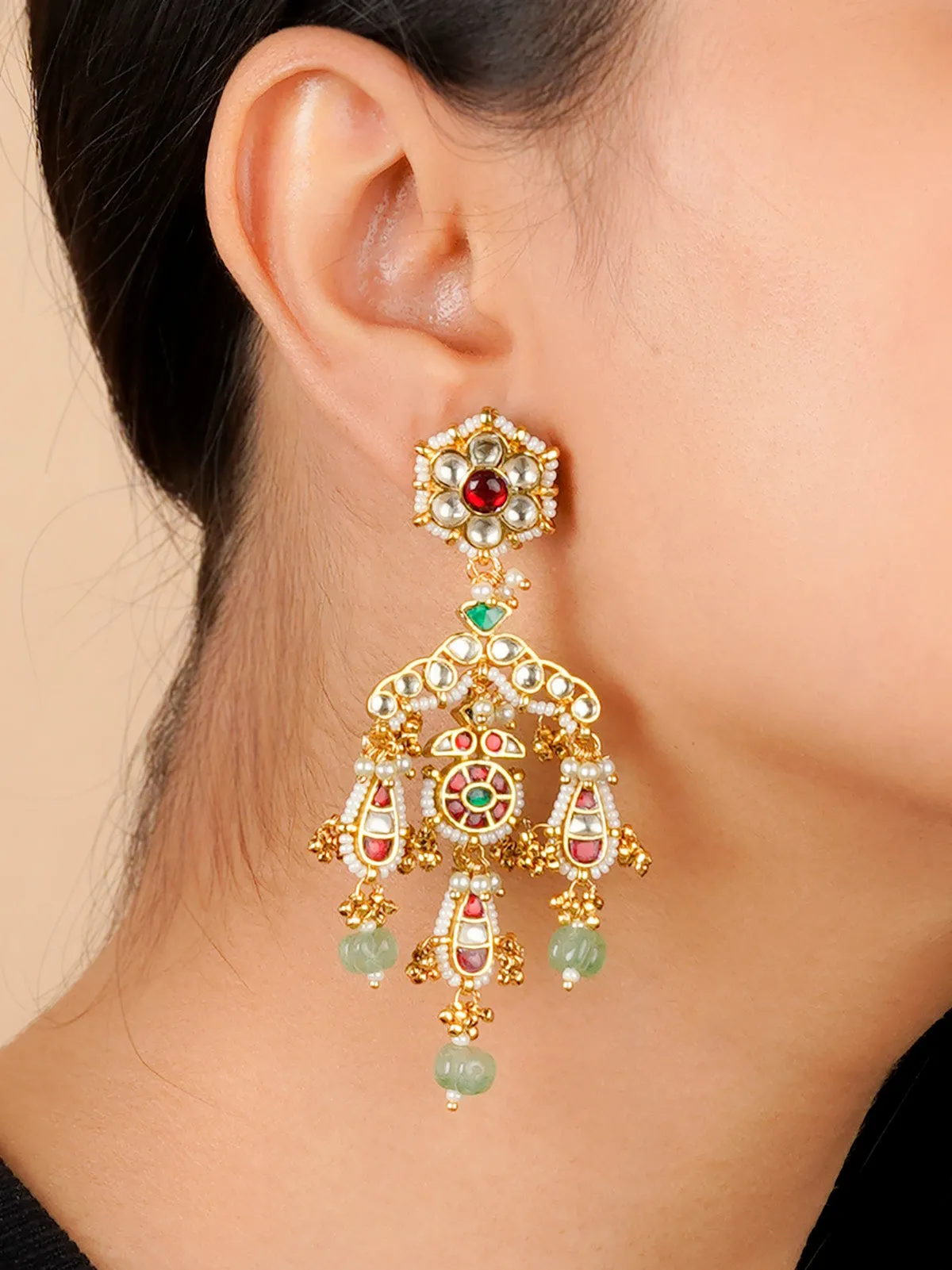 Multicolor Gold Plated Jadau Kundan Earrings - ME1085M