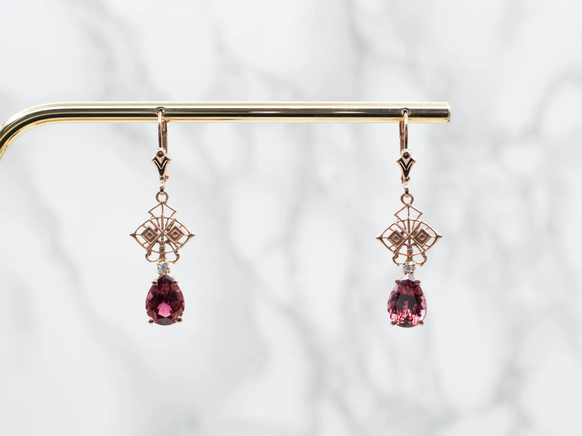 Rose Gold Pink Tourmaline Drop Earrings with Diamond Accents