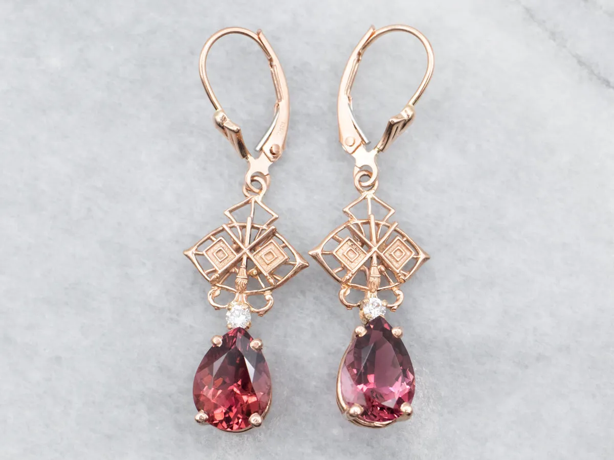 Rose Gold Pink Tourmaline Drop Earrings with Diamond Accents