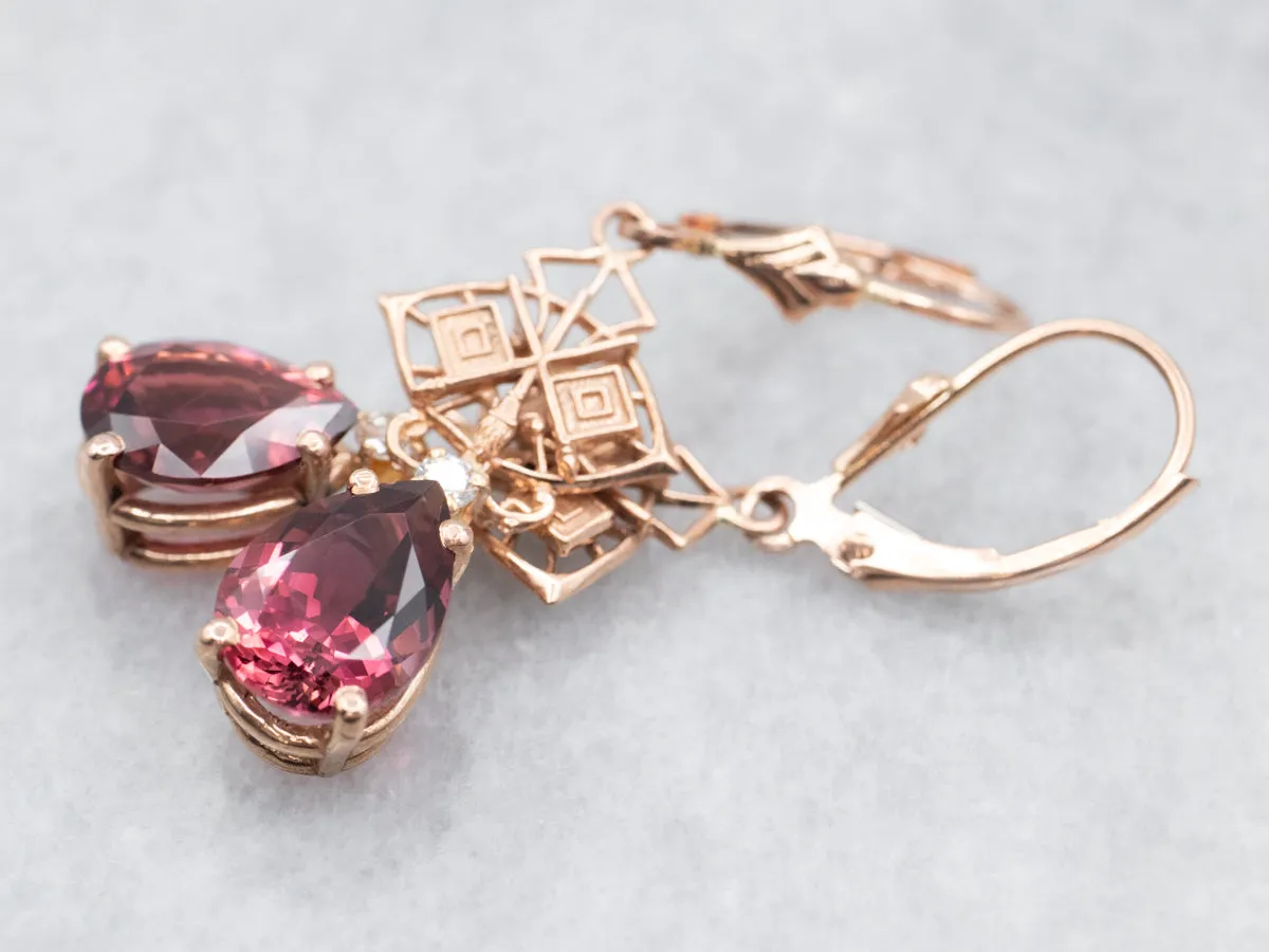 Rose Gold Pink Tourmaline Drop Earrings with Diamond Accents