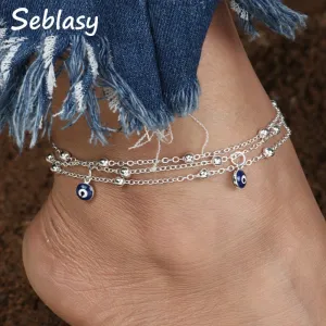 Seblasy Punk Multi Layer Big Statement Bells Evil Eyes Anklets Bracelets for Women New Fashion Foot Jewelry Valentine's Day Gift