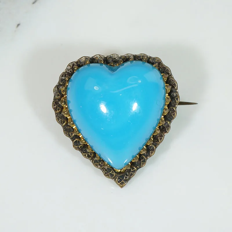 Sentimental Victorian Blue Glass Heart Brooch