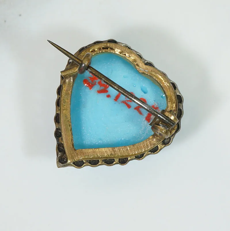 Sentimental Victorian Blue Glass Heart Brooch
