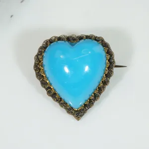 Sentimental Victorian Blue Glass Heart Brooch