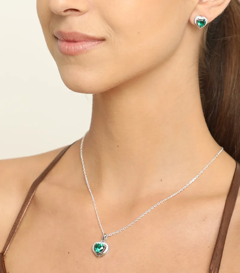Silver Dark Green Heart Jewellery Set
