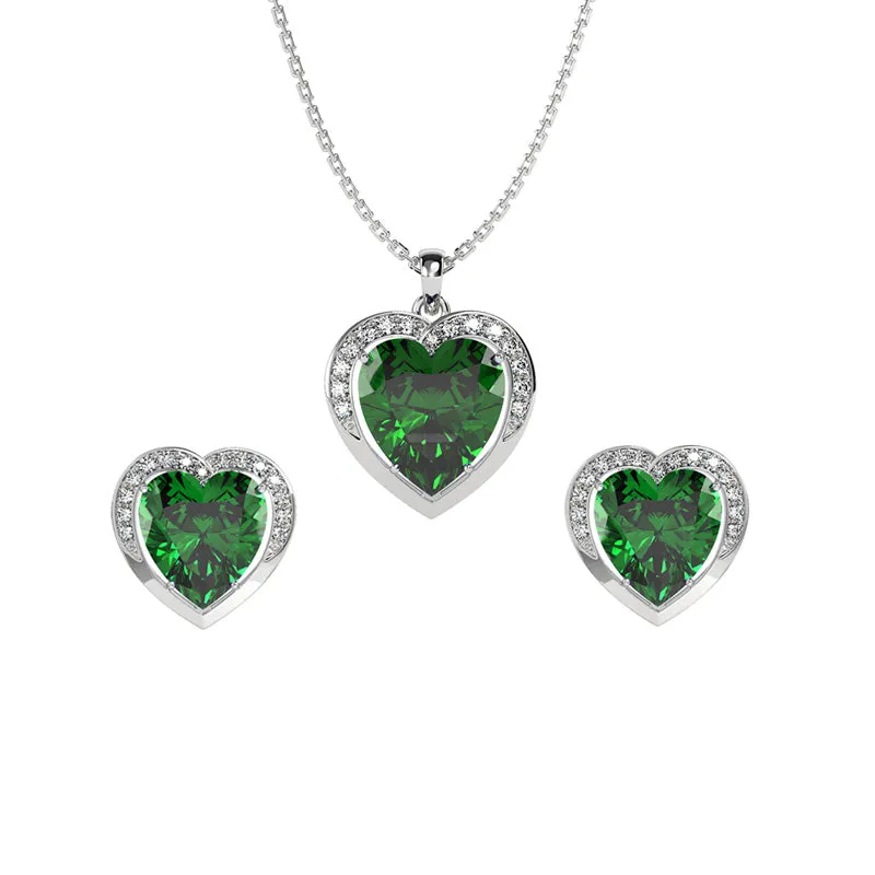 Silver Dark Green Heart Jewellery Set