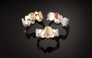 Silver Gold Pebble Scribbled Ring with diamond & stones