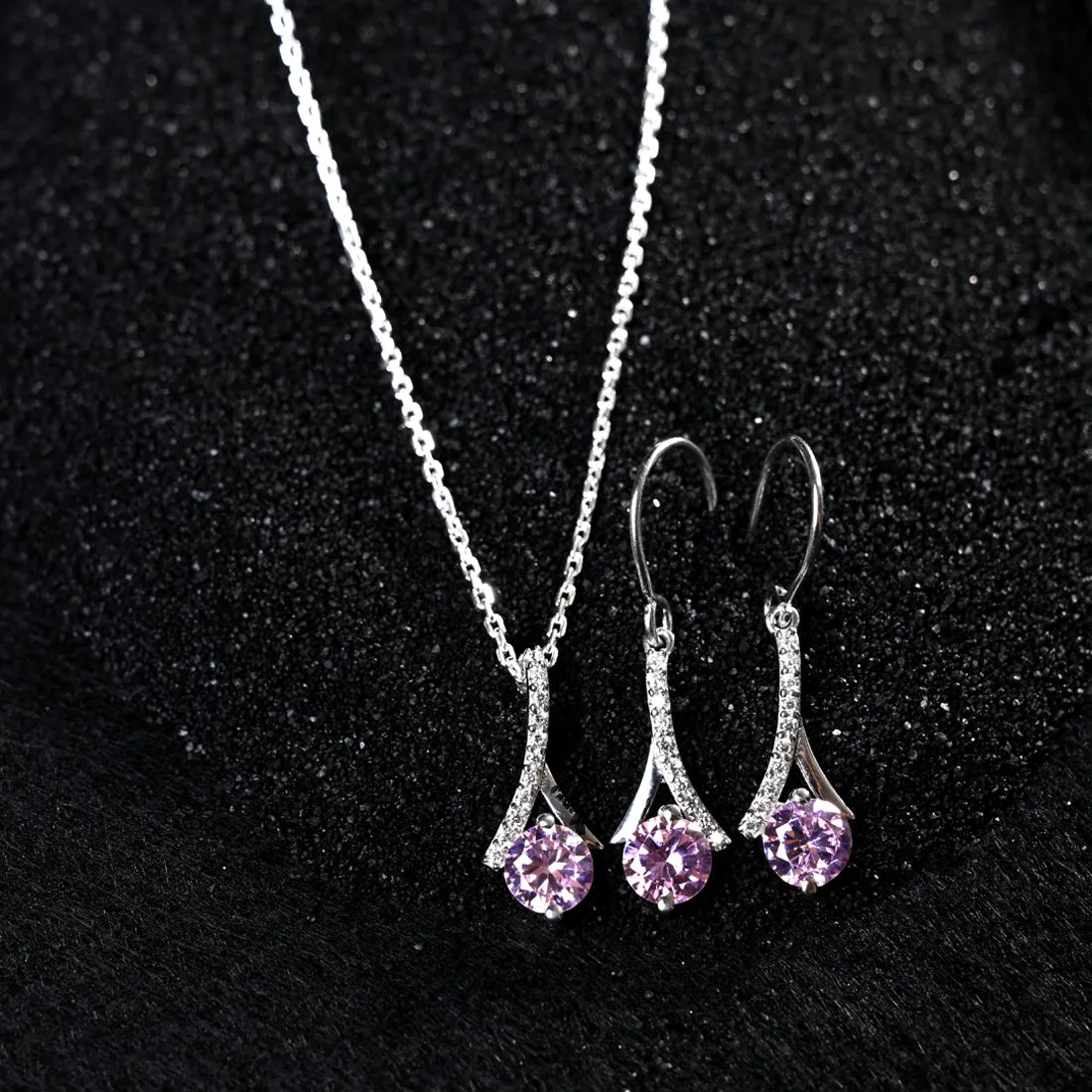 Silver Pink Solitaire Jewellery Set