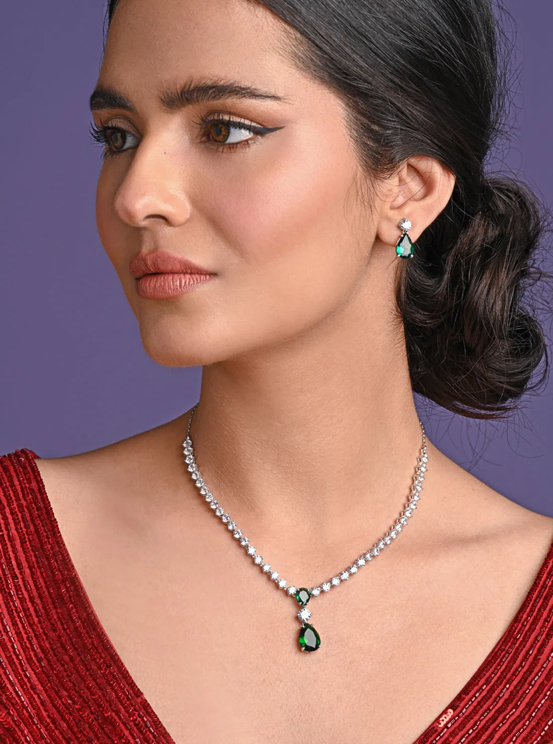 Silver Solitaire Green Necklace Jewellery Set