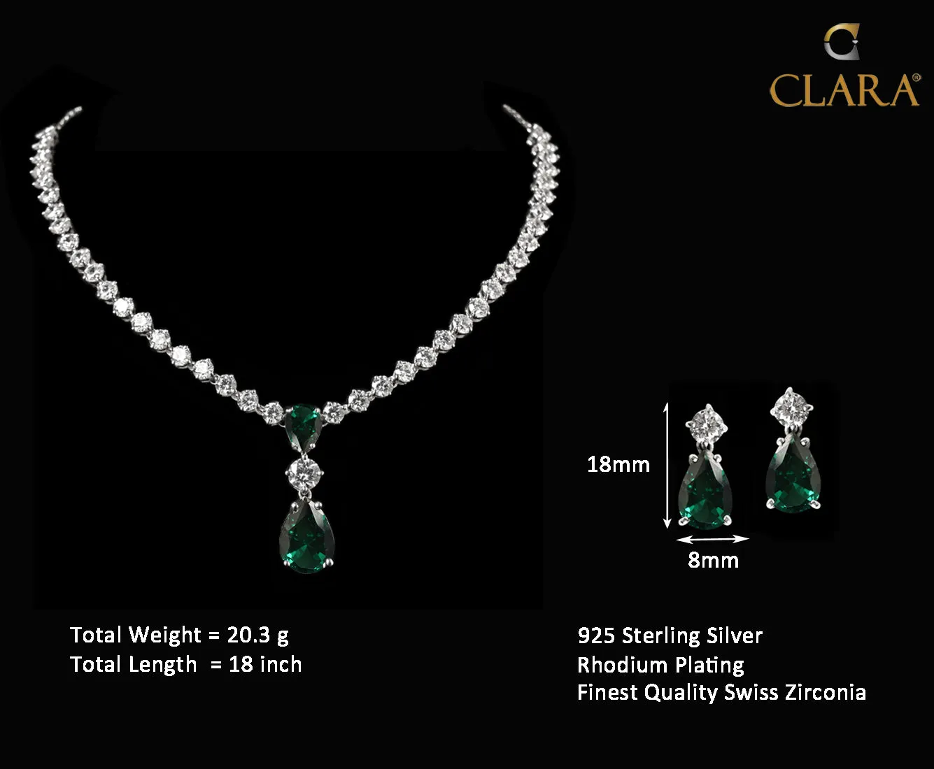 Silver Solitaire Green Necklace Jewellery Set