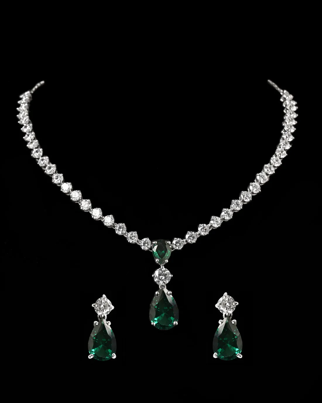 Silver Solitaire Green Necklace Jewellery Set