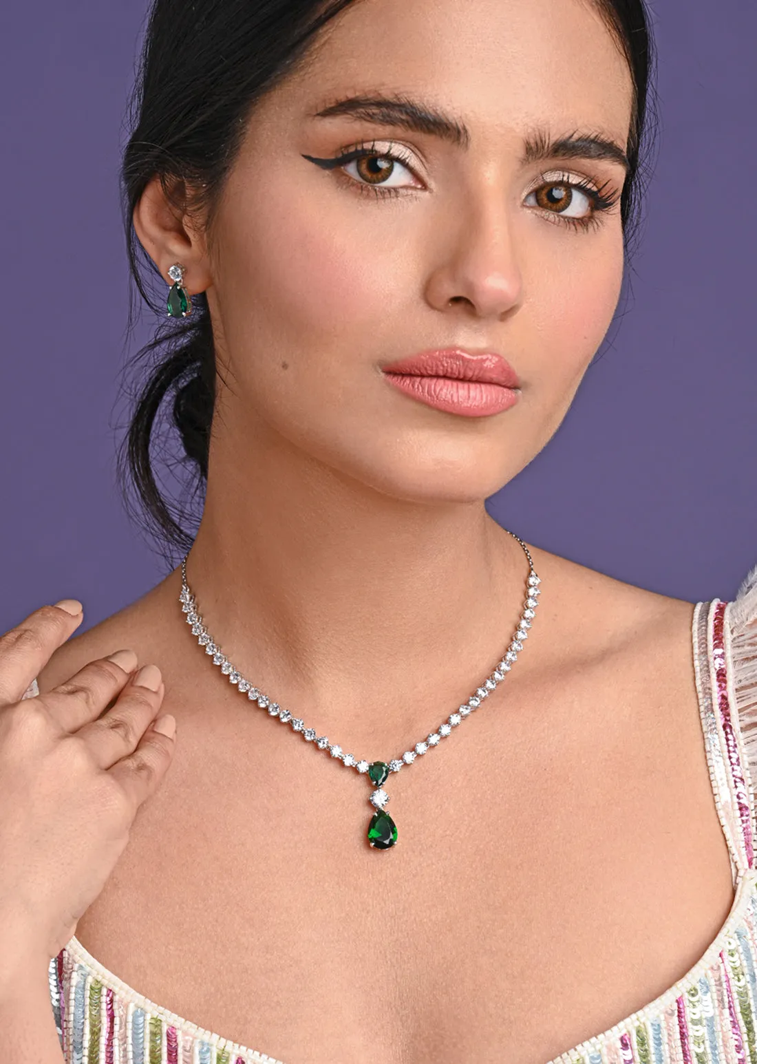 Silver Solitaire Green Necklace Jewellery Set