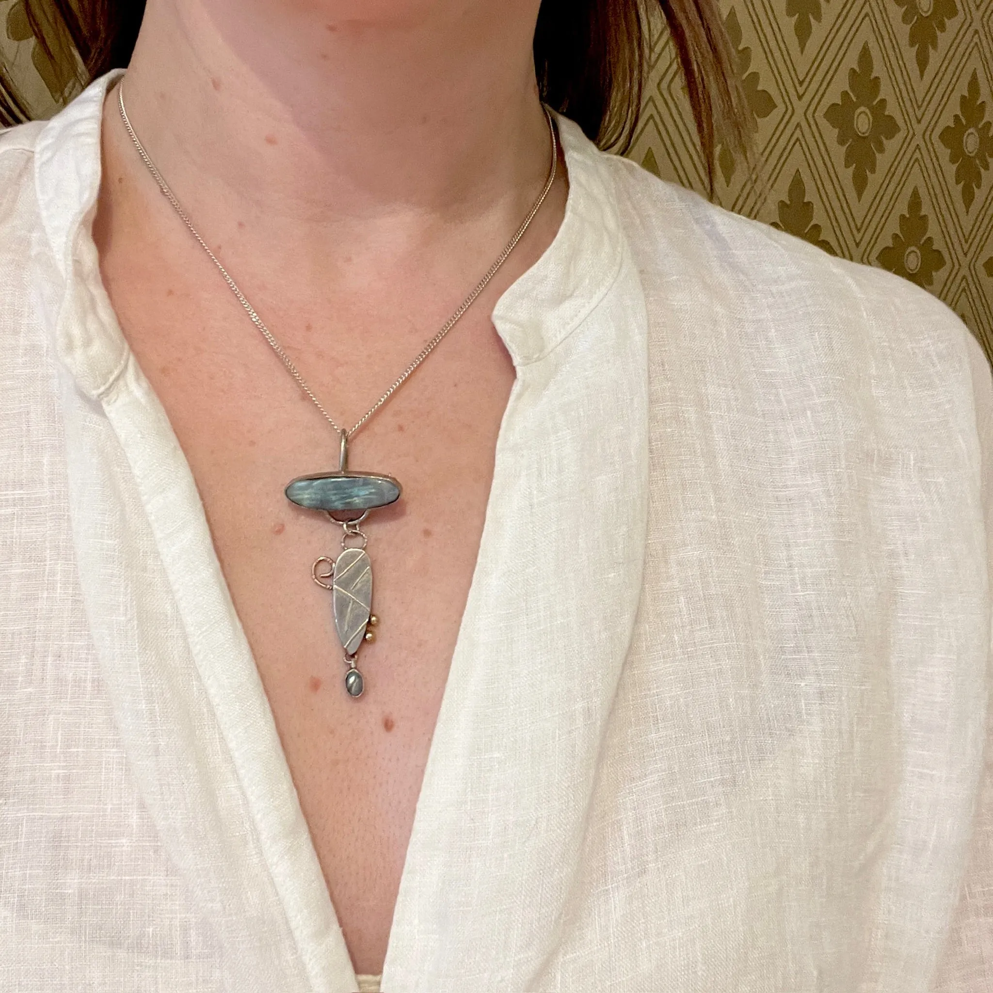 Sterling & Opal Necklace with Gold Accents Signed Bluejacket