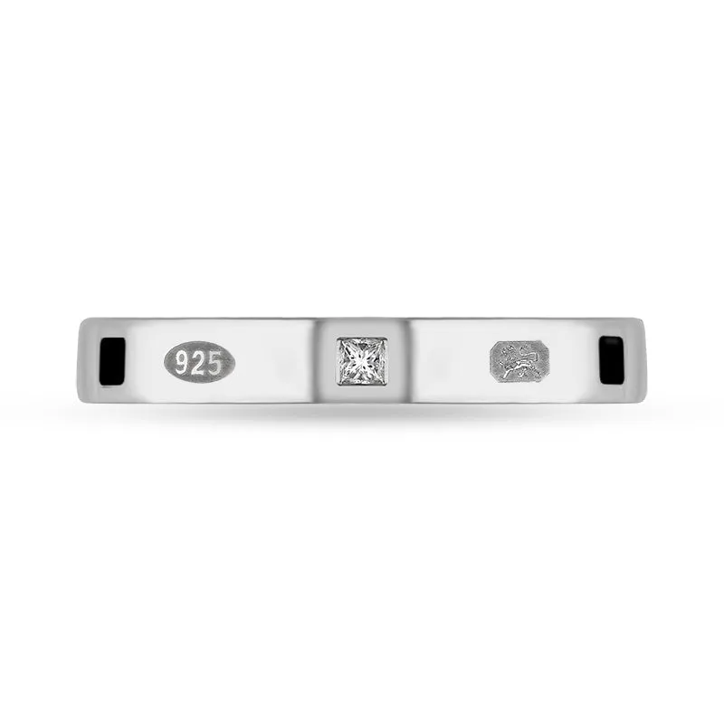 Sterling Silver 0.05ct Diamond Whitby Jet King's Coronation Hallmark Princess Cut 3mm Ring D