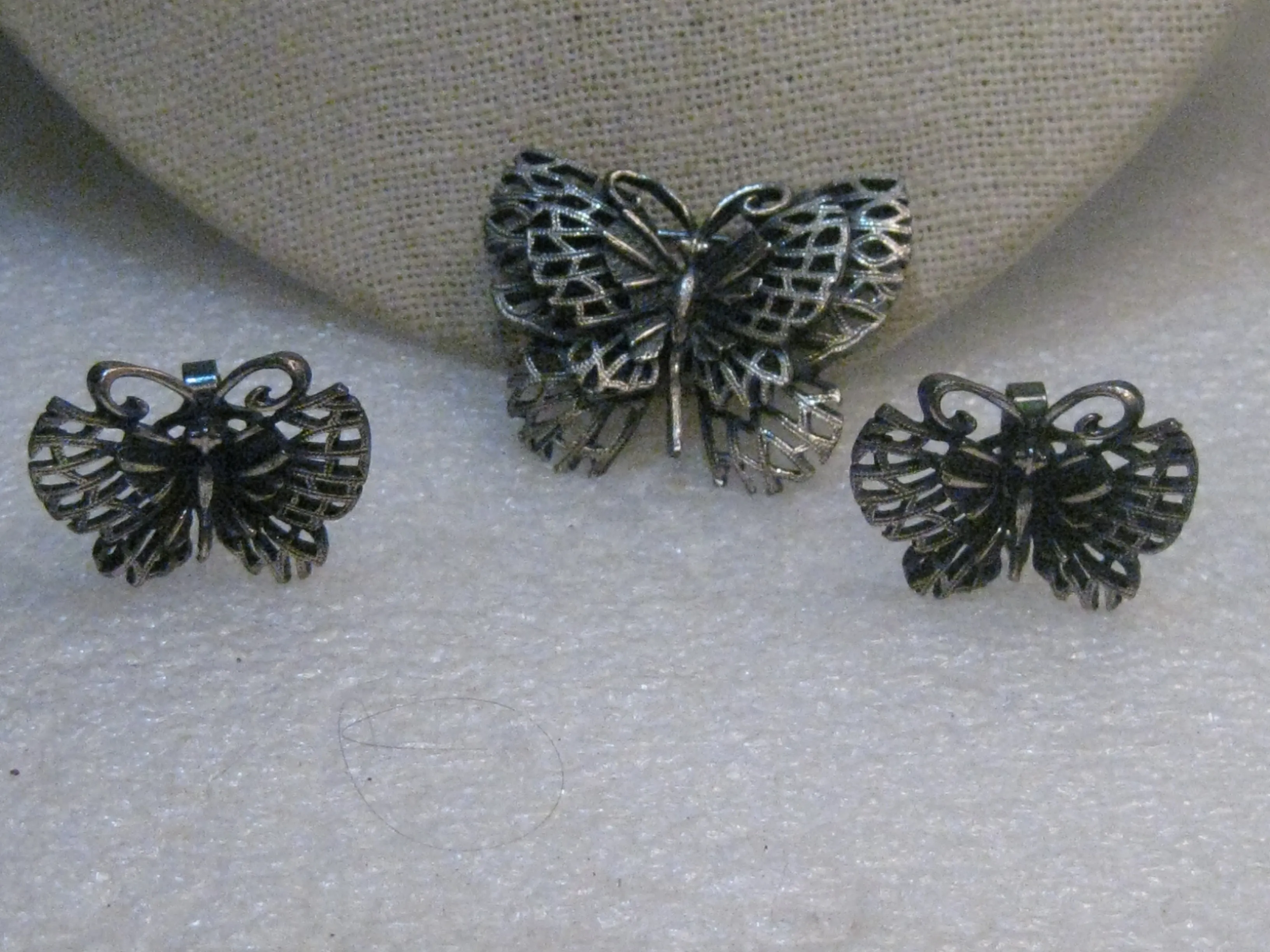 Vintage Butterfly Brooch & Clip Earring Set, Pewter-Like, 1960's/1970's
