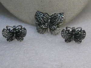 Vintage Butterfly Brooch & Clip Earring Set, Pewter-Like, 1960's/1970's